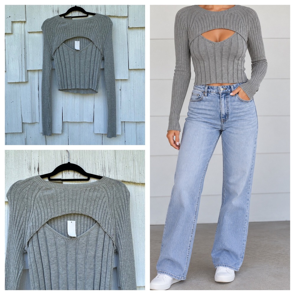 Aeropostale Womens Gray Ribbed Knit Cut Out Long Sleeve Sweater Set L